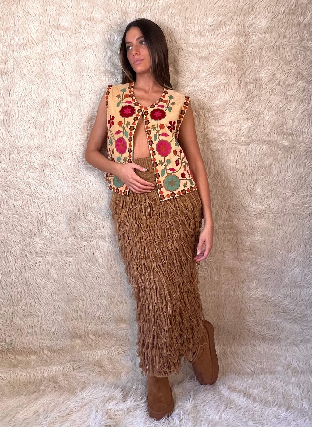 Falda punto flecos camel