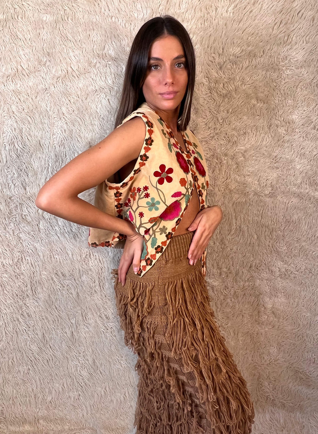 Falda punto flecos camel