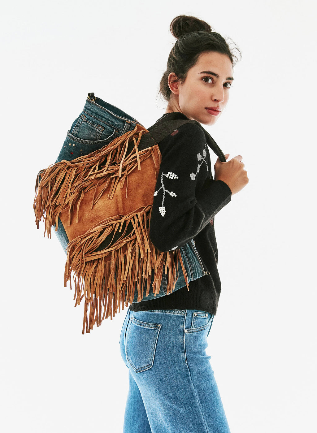 Bolso denim flecos