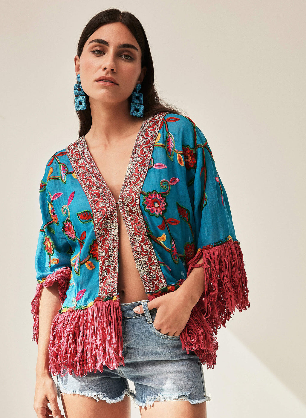 Kimono Boho bordado flecos