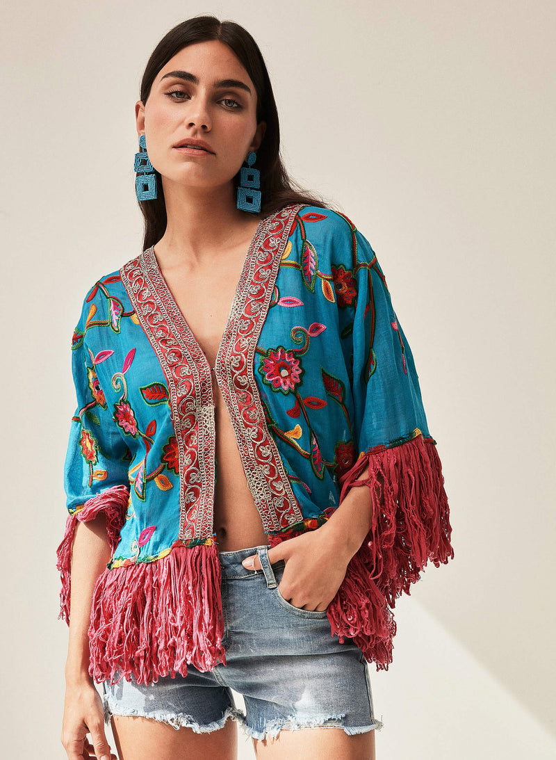 Kimono Boho bordado flecos