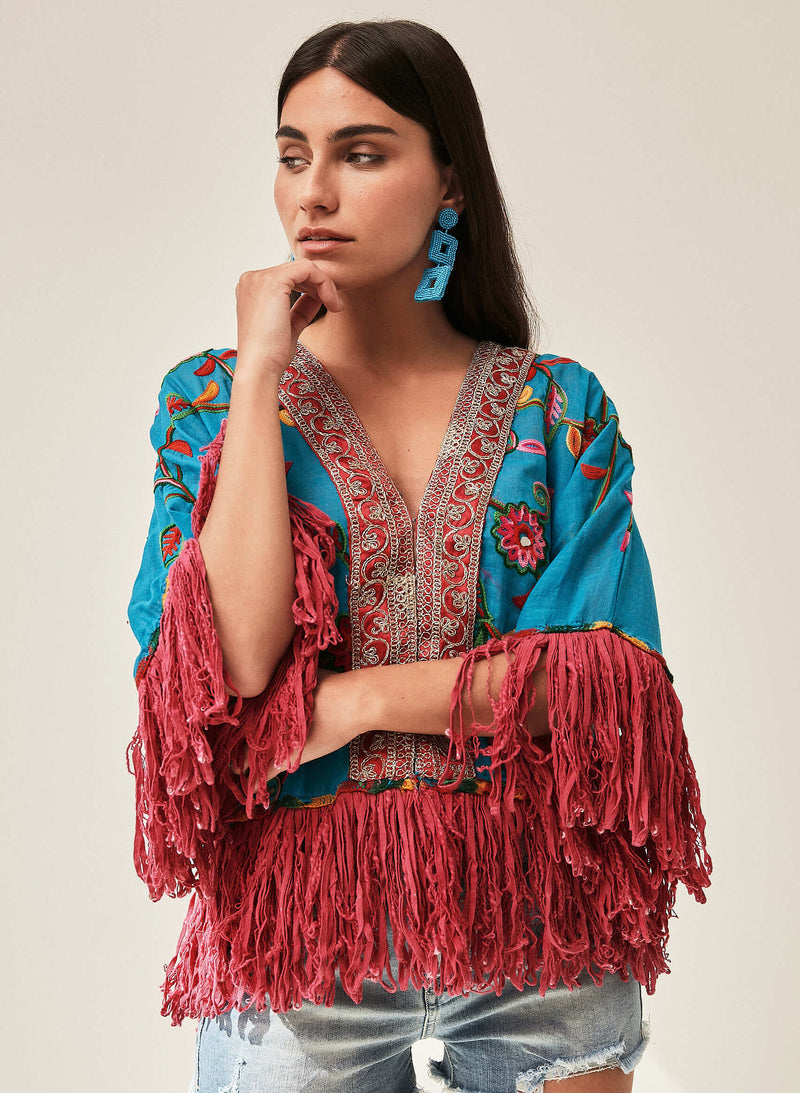 Kimono Boho bordado flecos