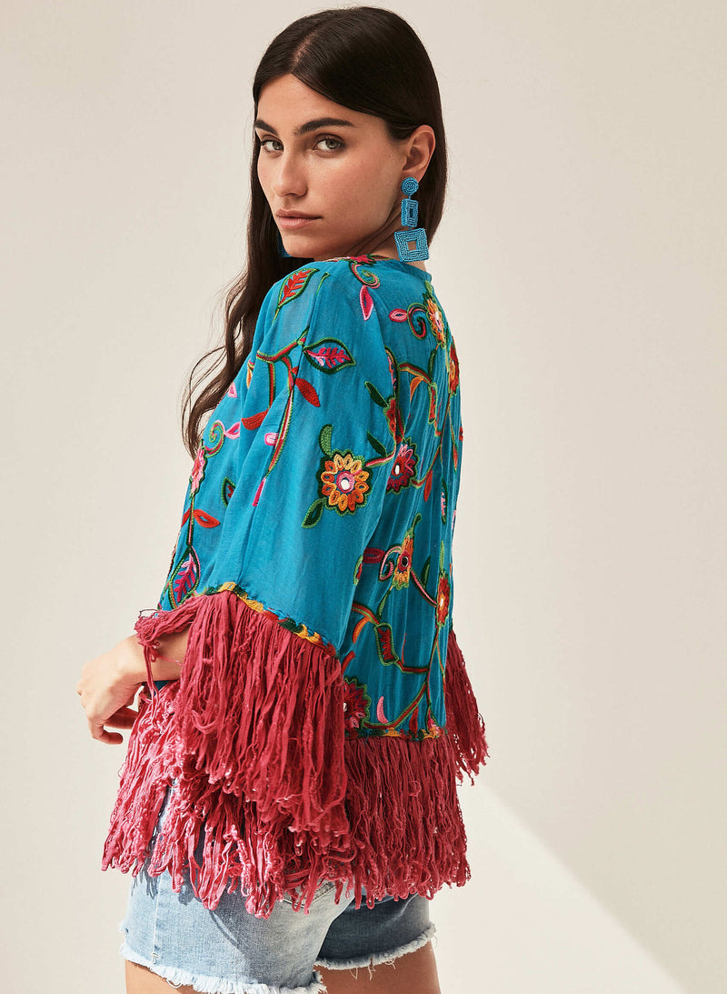 Kimono Boho bordado flecos