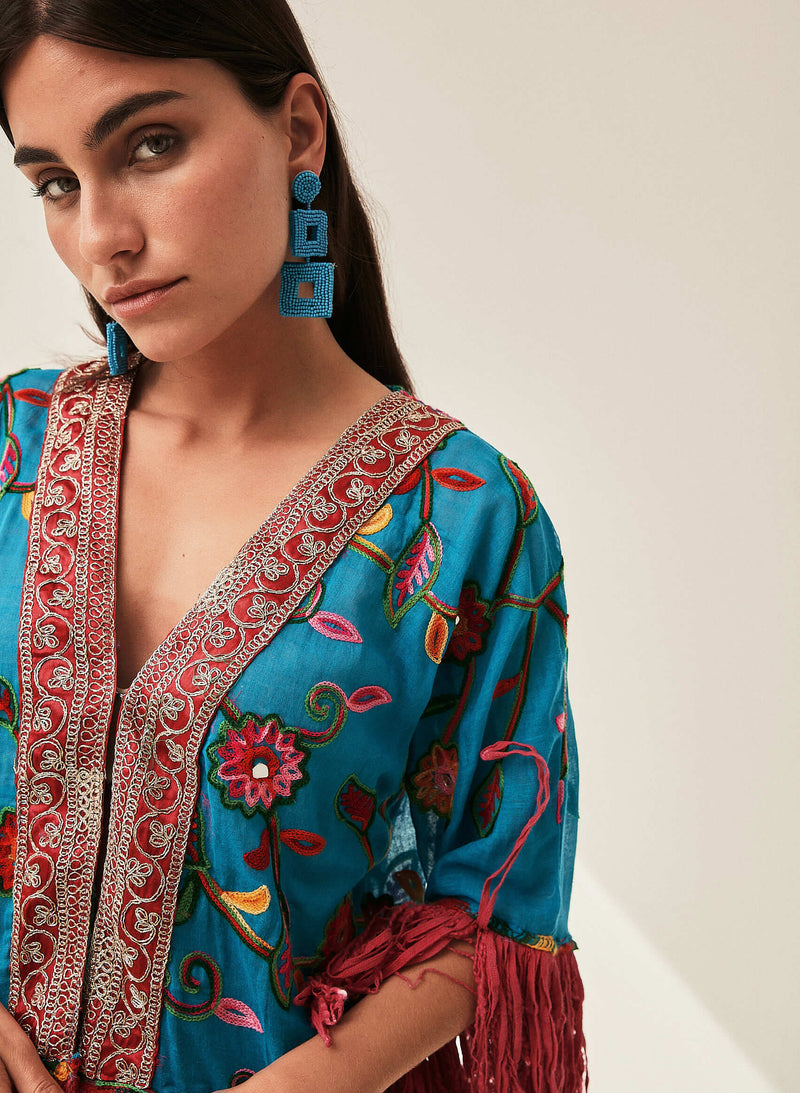 Kimono Boho bordado flecos