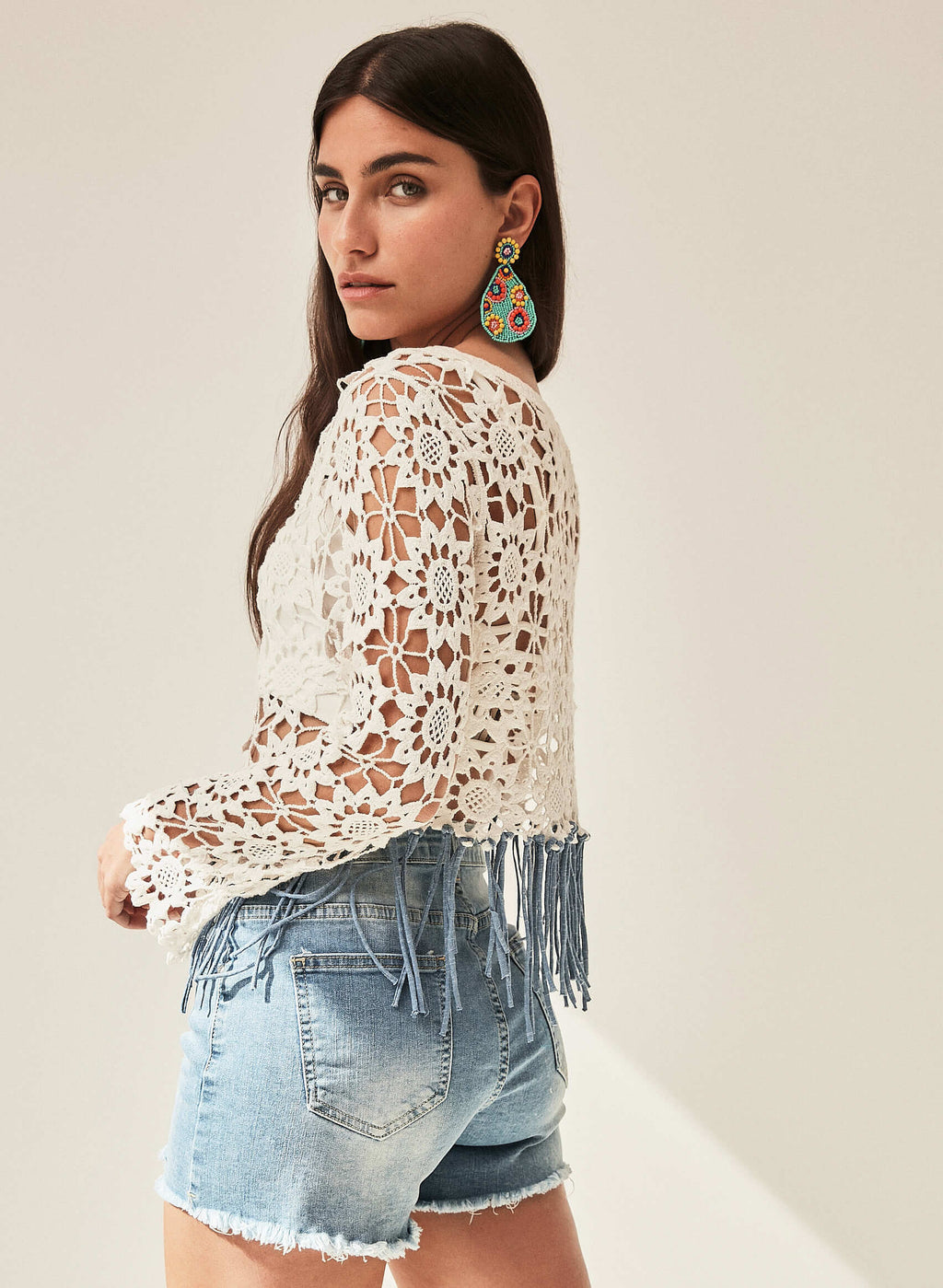 Crop Top encaje flecos vaqueros