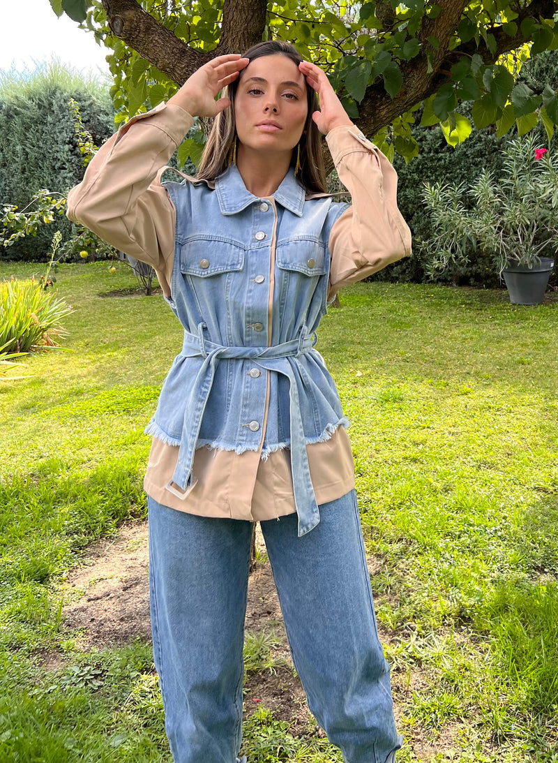 Chaqueta denim combinada beige
