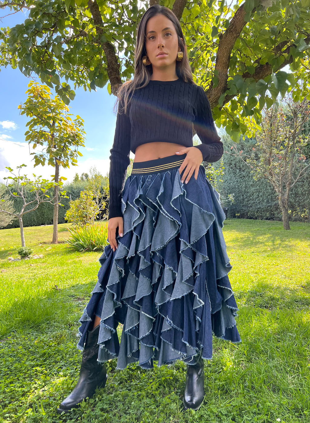 Falda volantes denim cintura elástica