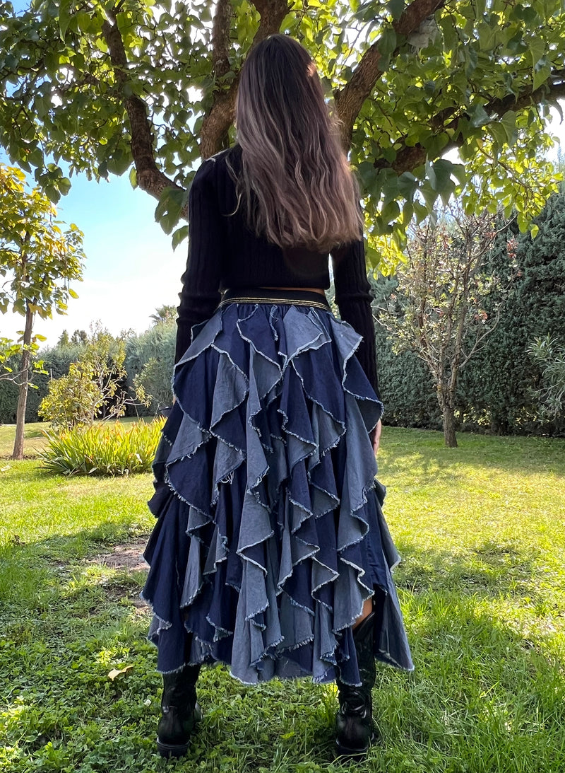 Falda volantes denim cintura elástica