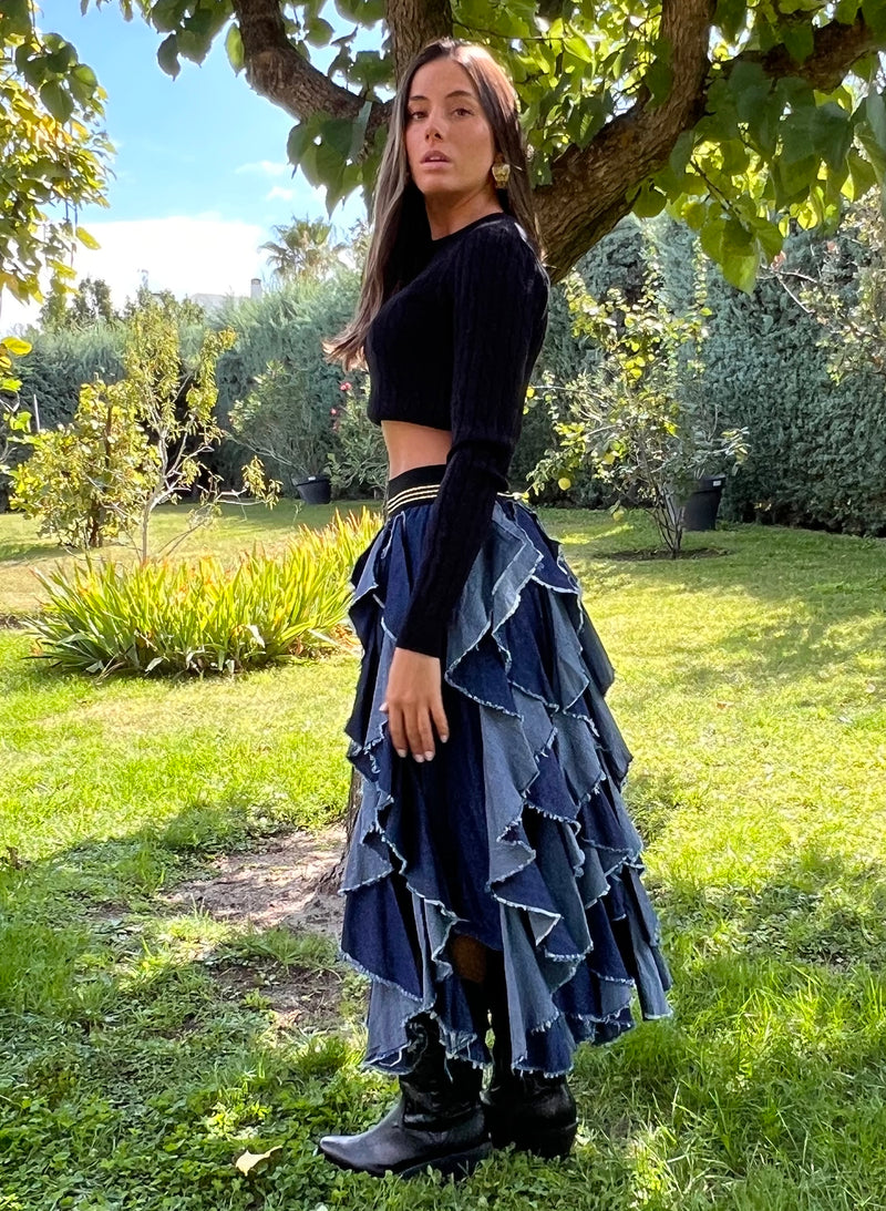 Falda volantes denim cintura elástica