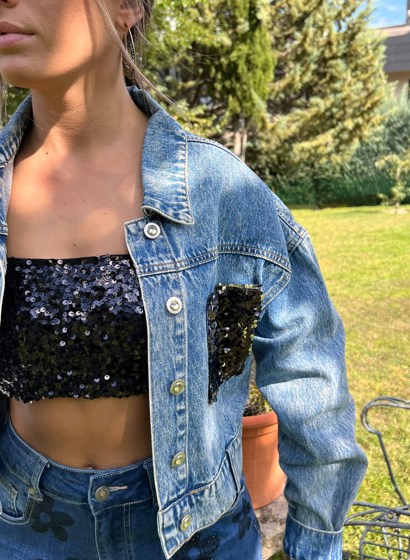 Cazadora denim bolsillos lentejuelas
