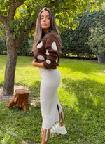 Falda canalé flecos midi beige