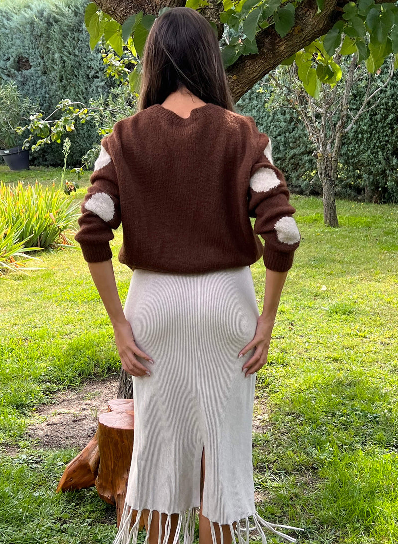 Falda canalé flecos midi beige