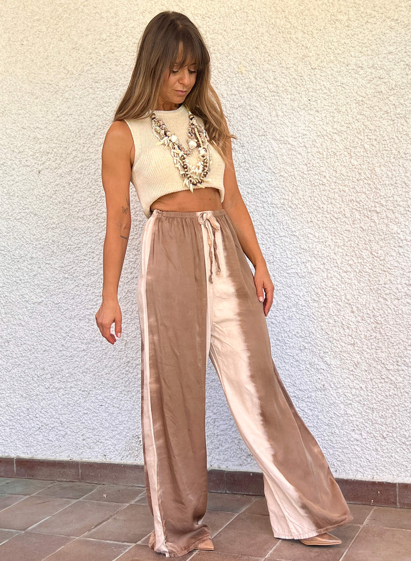 Pantalón raso seda Tie Dye arena