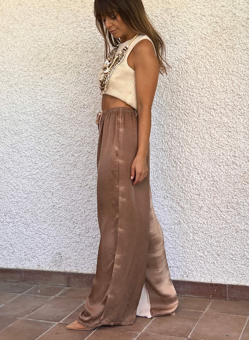 Pantalón raso seda Tie Dye arena