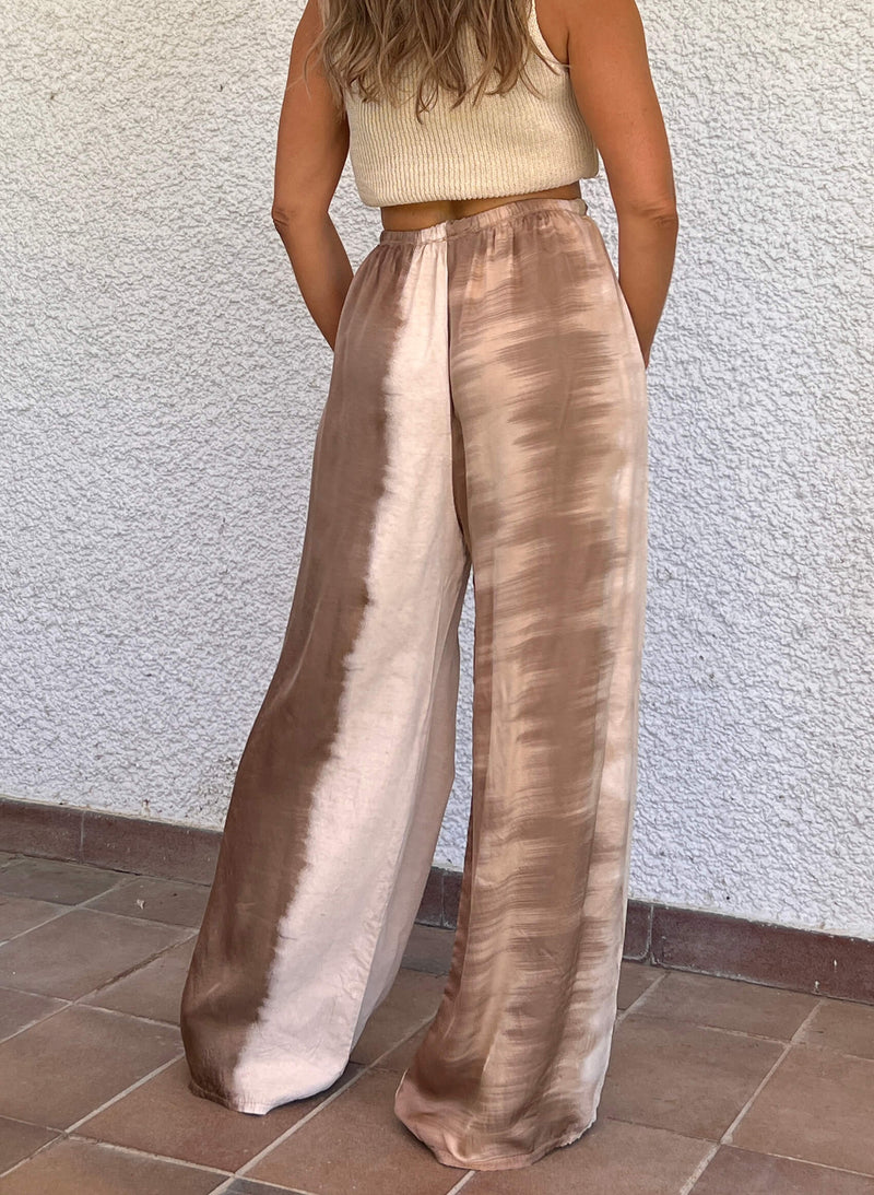 Pantalón raso seda Tie Dye arena