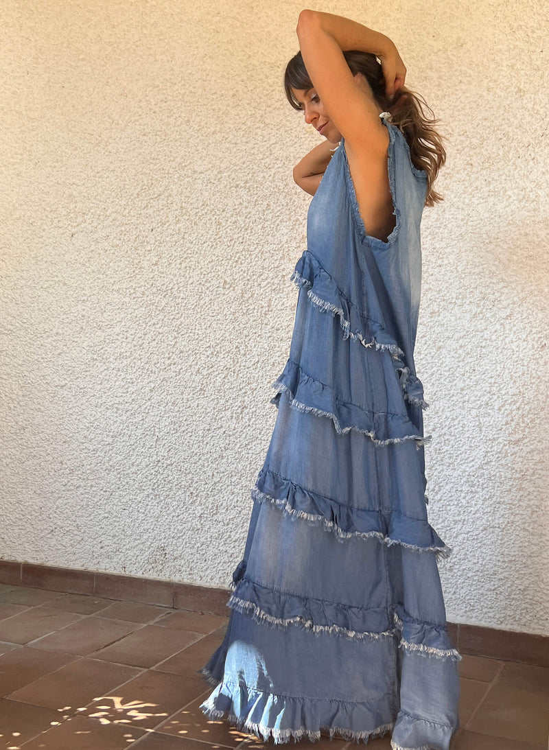 Vestido denim largo desflecado