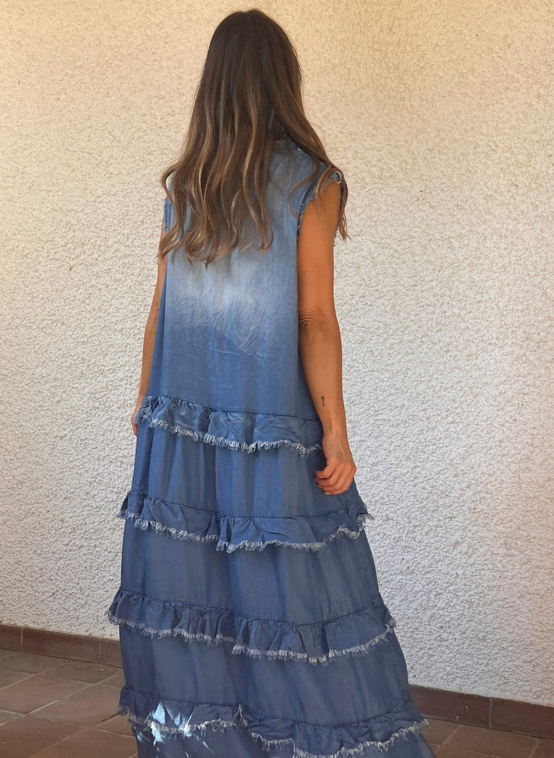 Vestido denim largo desflecado